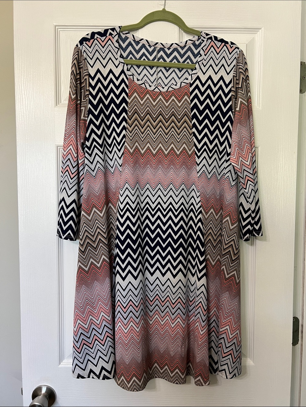 new directions Chevron-Print Long Sleeve A-Line Dress in Black, White & Pink